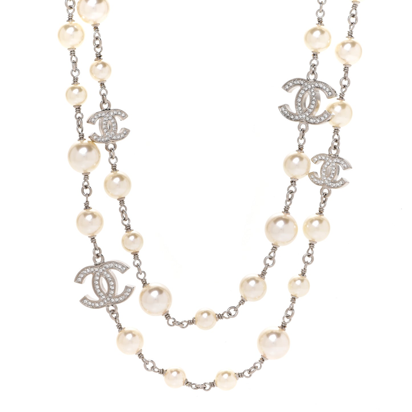 Graduated Pearl Crystal CC Long Necklace Silver