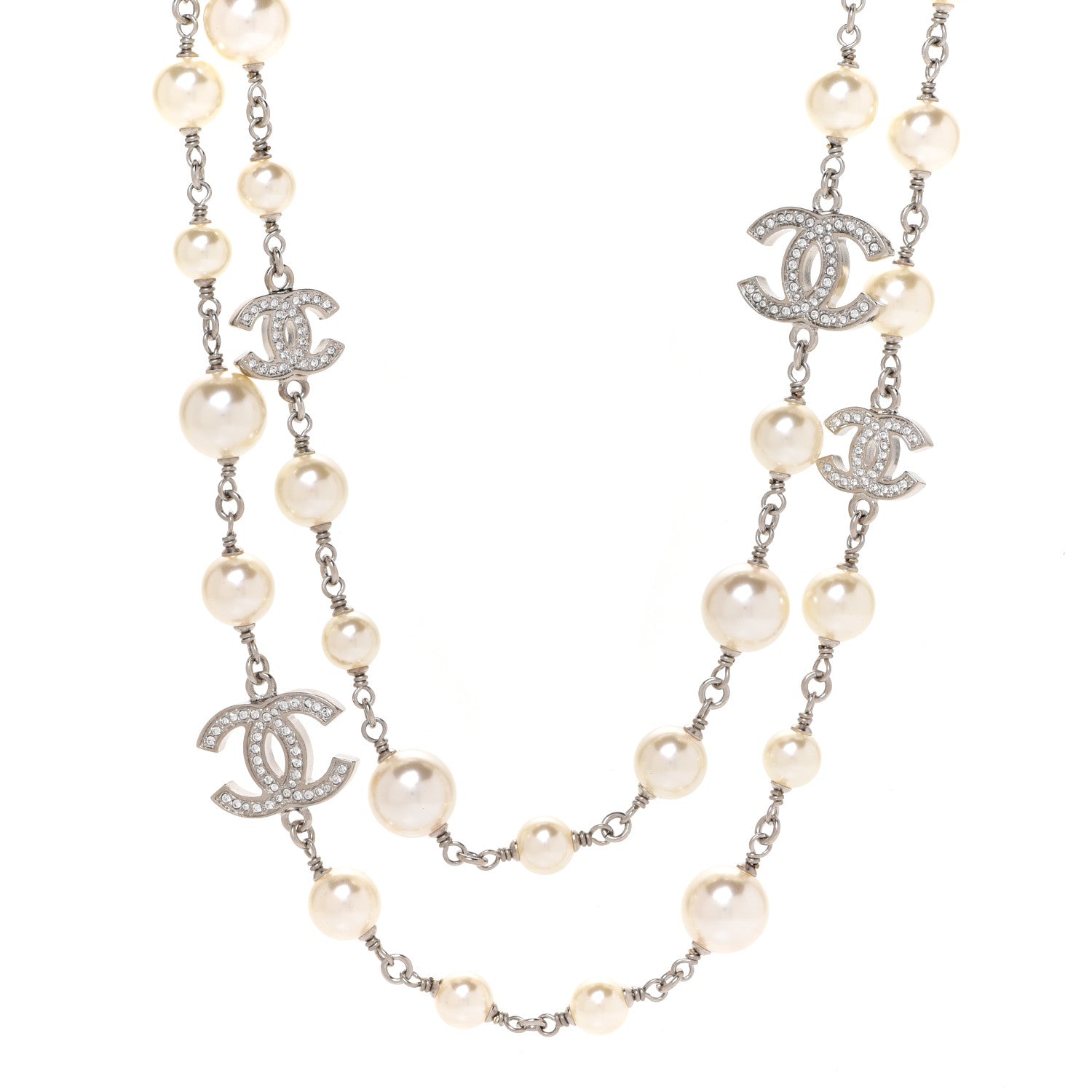 Chanel Graduated Pearl Crystal CC Long Necklace Silver 1 of 6