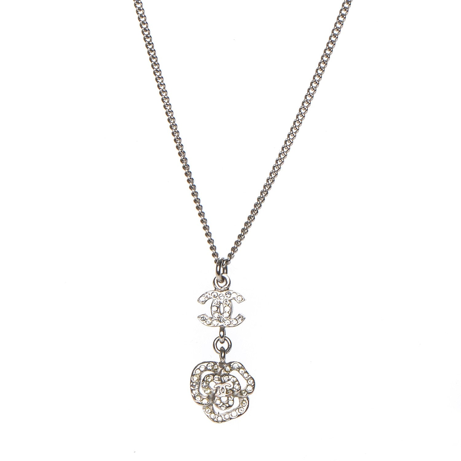 Chanel Crystal CC Camellia Necklace Silver 1 of 8