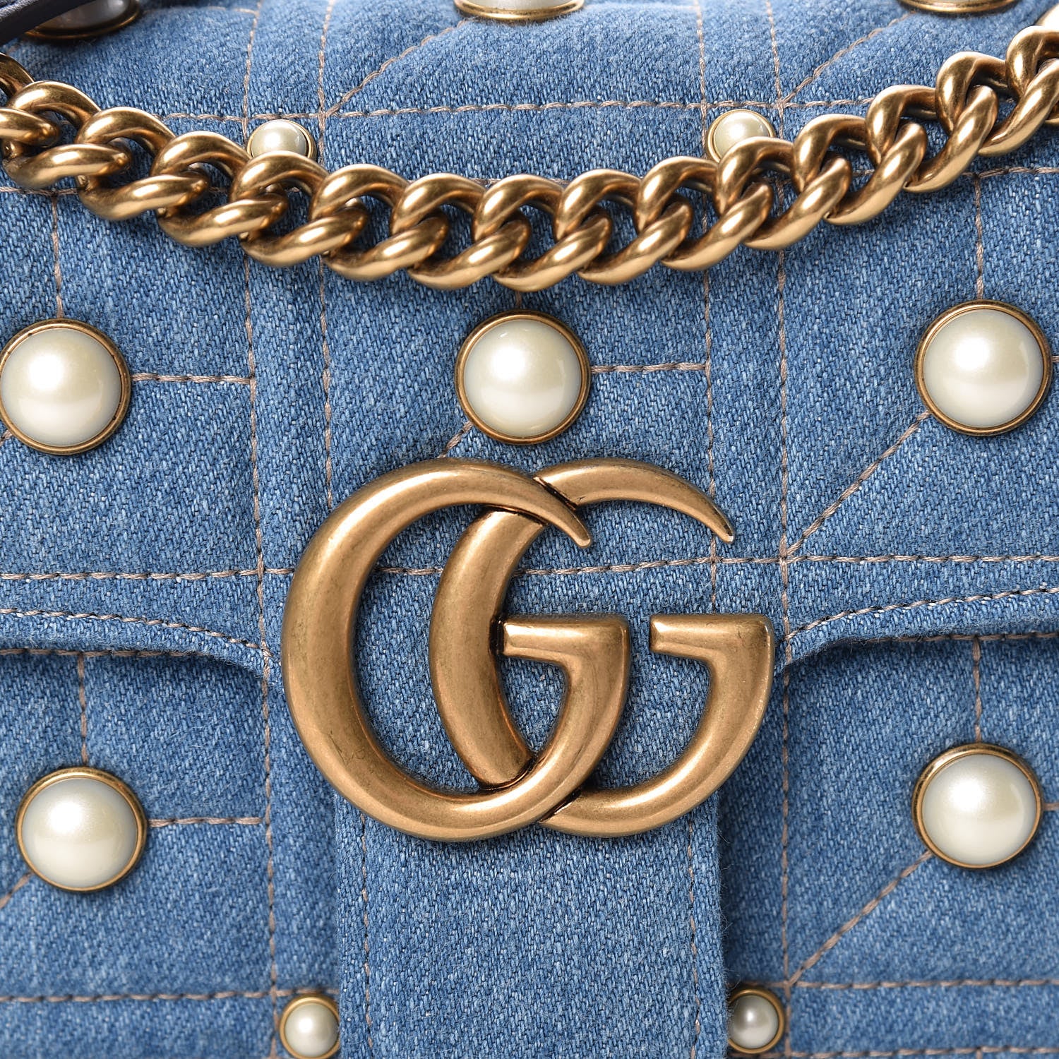 Gucci Denim Matelasse Pearl Studded Mini GG Marmont Shoulder Bag Blue 8 of 10