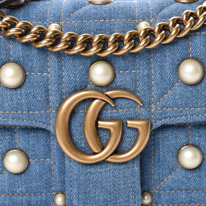Gucci Denim Matelasse Pearl Studded Mini GG Marmont Shoulder Bag Blue 8 of 10