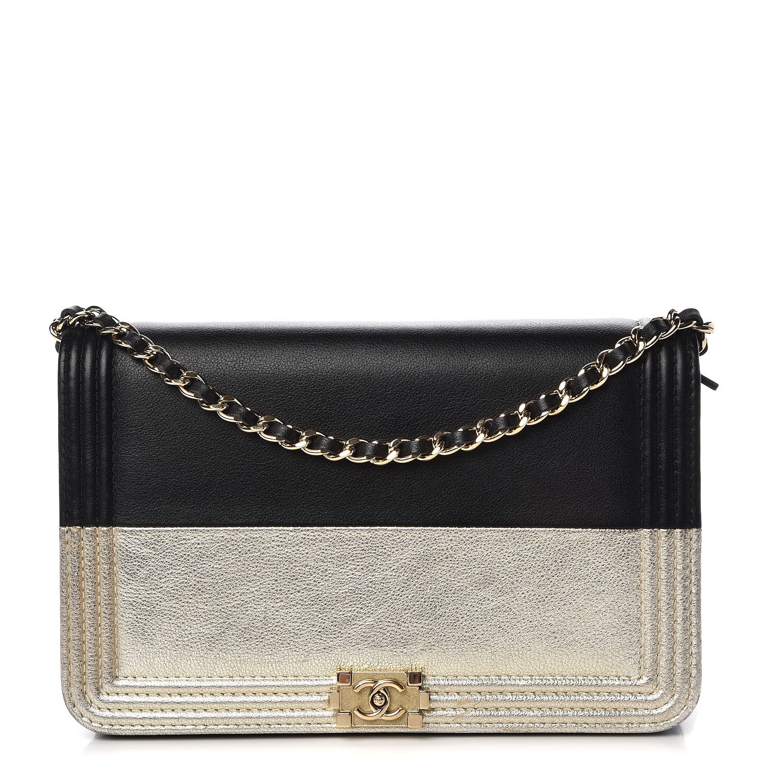 Chanel Metallic Goatskin Lambskin Boy Wallet on Chain WOC Black Gold 1 of 9