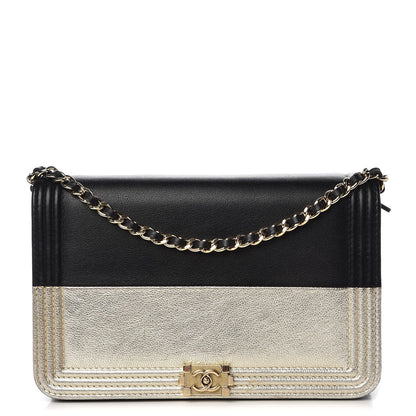 Chanel Metallic Goatskin Lambskin Boy Wallet on Chain WOC Black Gold 1 of 9