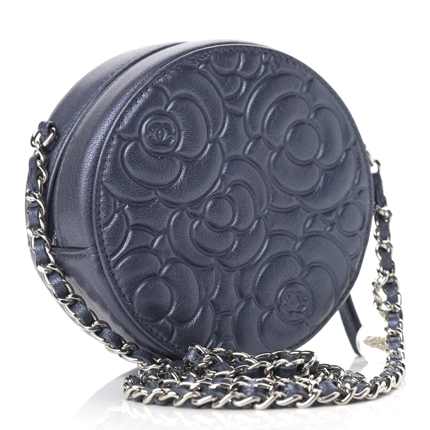 Chanel Goatskin Camellia Embossed Round Clutch With Chain Dark Blue 3 of 9
