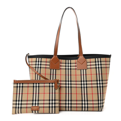 Burberry Cotton Vintage Check Medium London Tote Bag Briar Brown Black 3 of 13