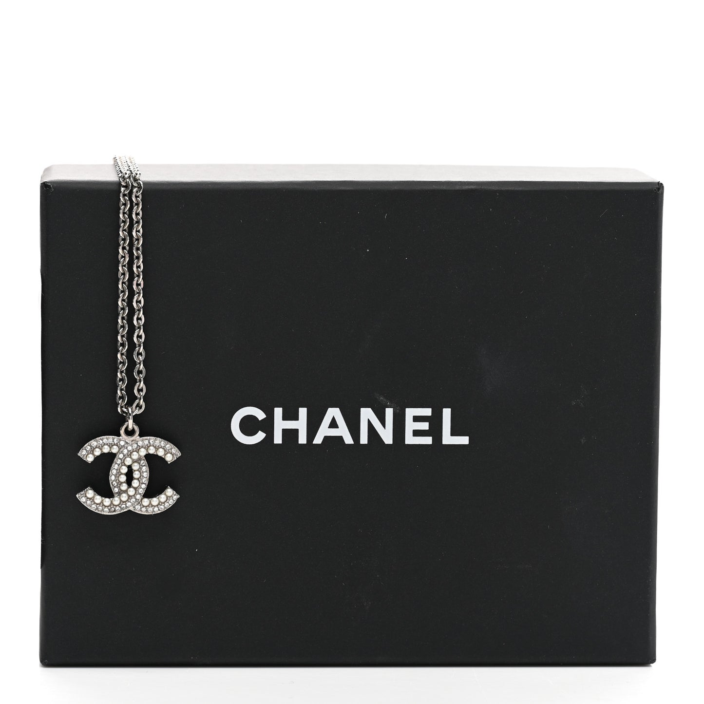 Crystal Pearl CC Pendant Necklace Silver