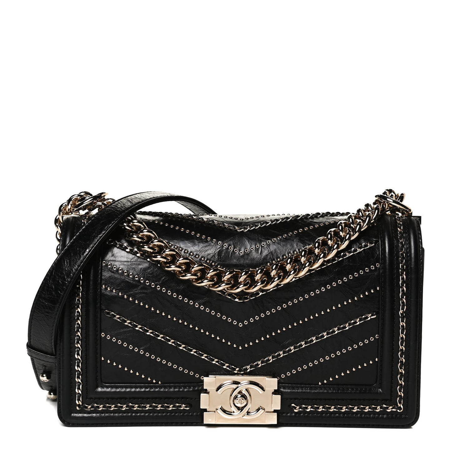 Crumpled Calfskin Chevron Chain Medium Boy Flap Black