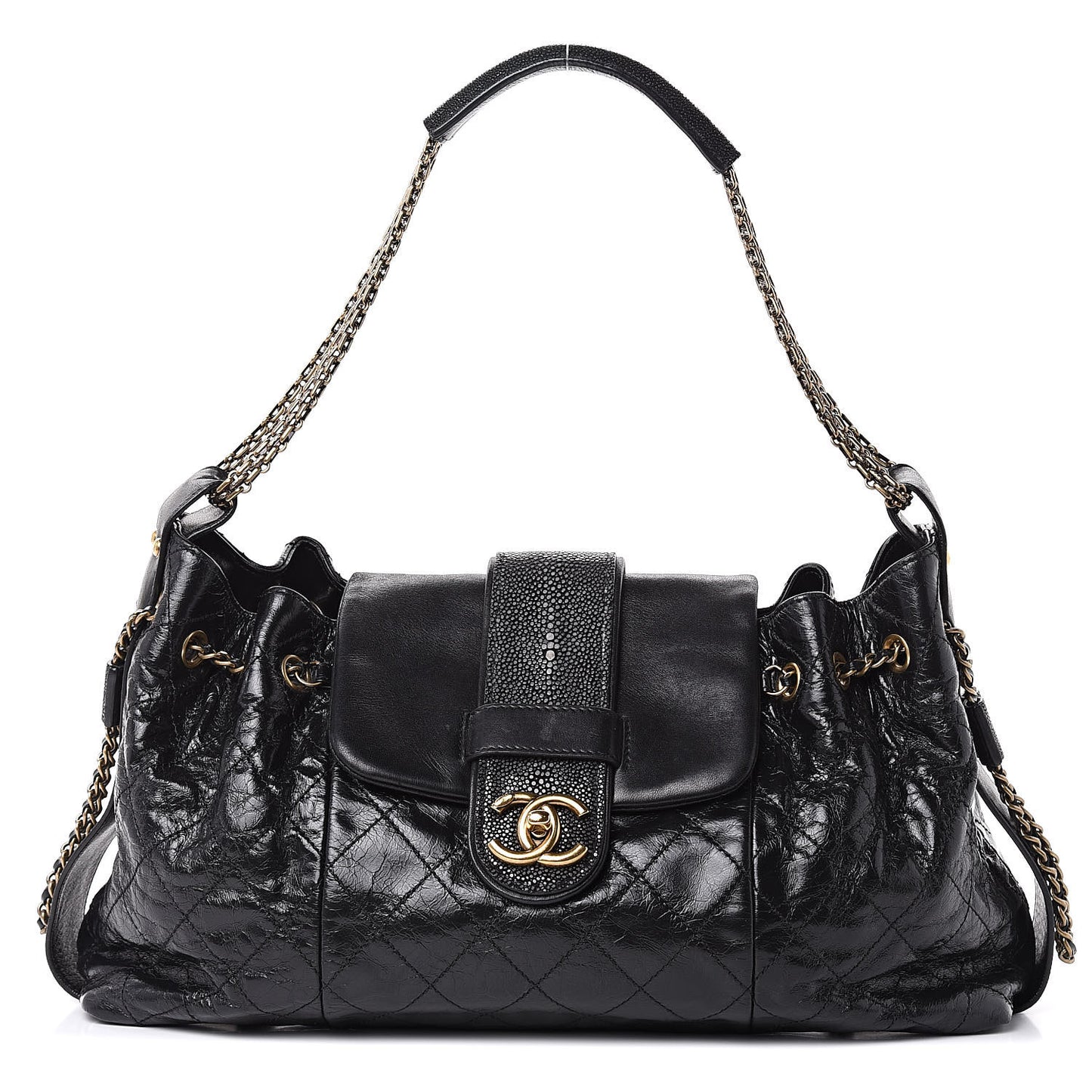 Glazed Calfskin Stingray Bindi CC Accordion Tote Black