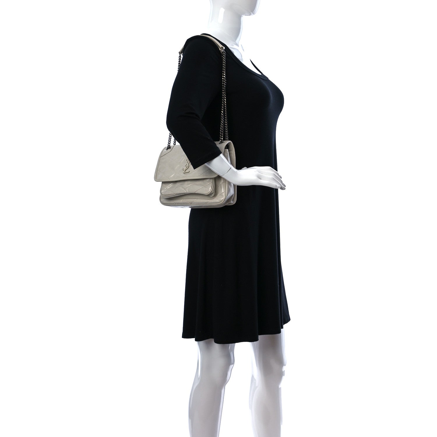 Saint Laurent Crinkled Calfskin Matelasse Monogram Baby Niki Chain Satchel Ivory 2 of 12