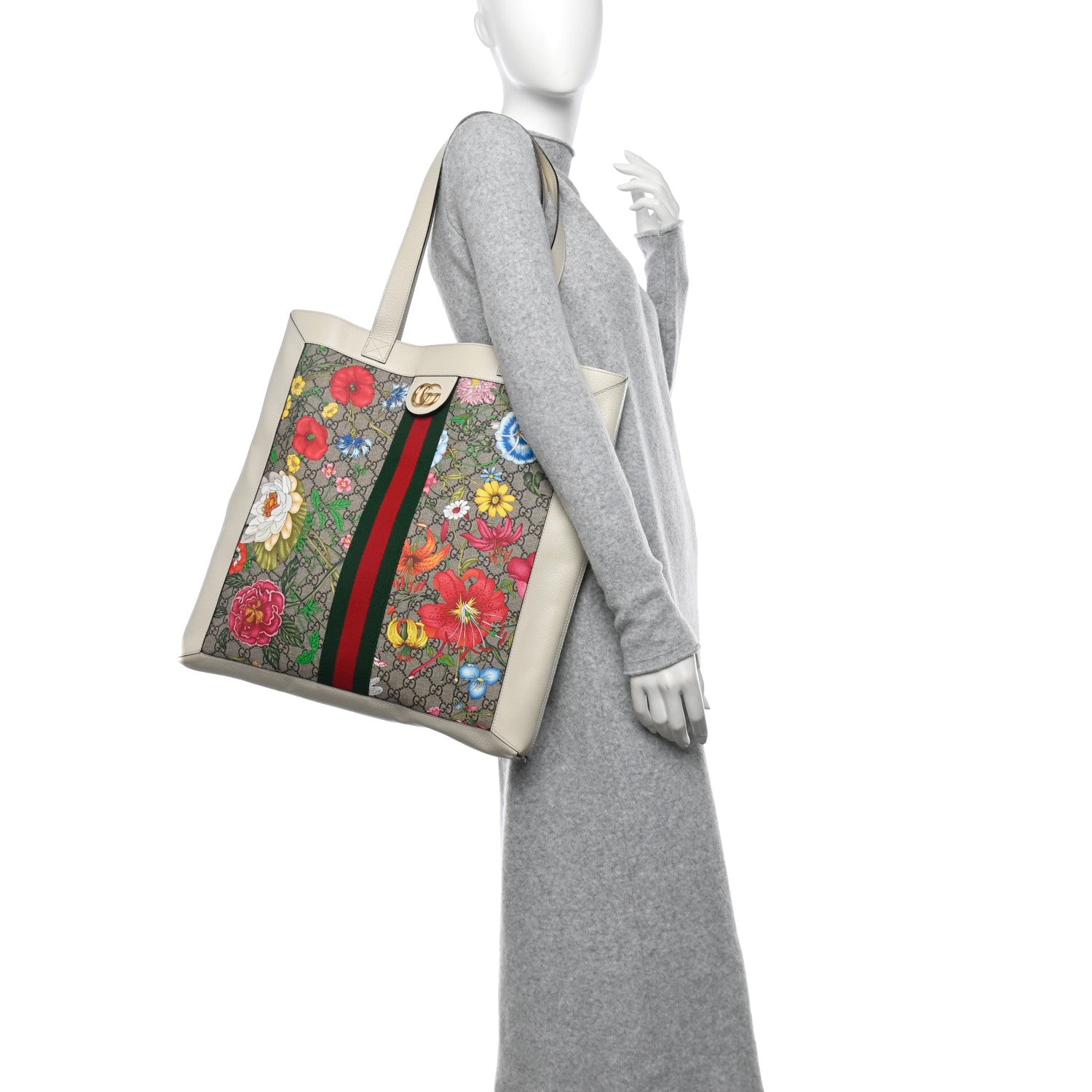 Gucci GG Supreme Monogram Flora Web Ophidia Vertical Shopping Tote White 2 of 13