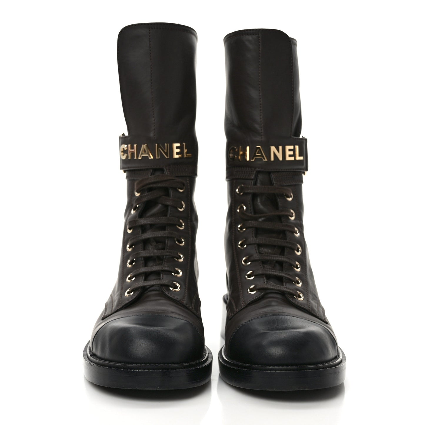 Shiny Calfskin Lace Up Combat Boots 39 Dark Brown Black