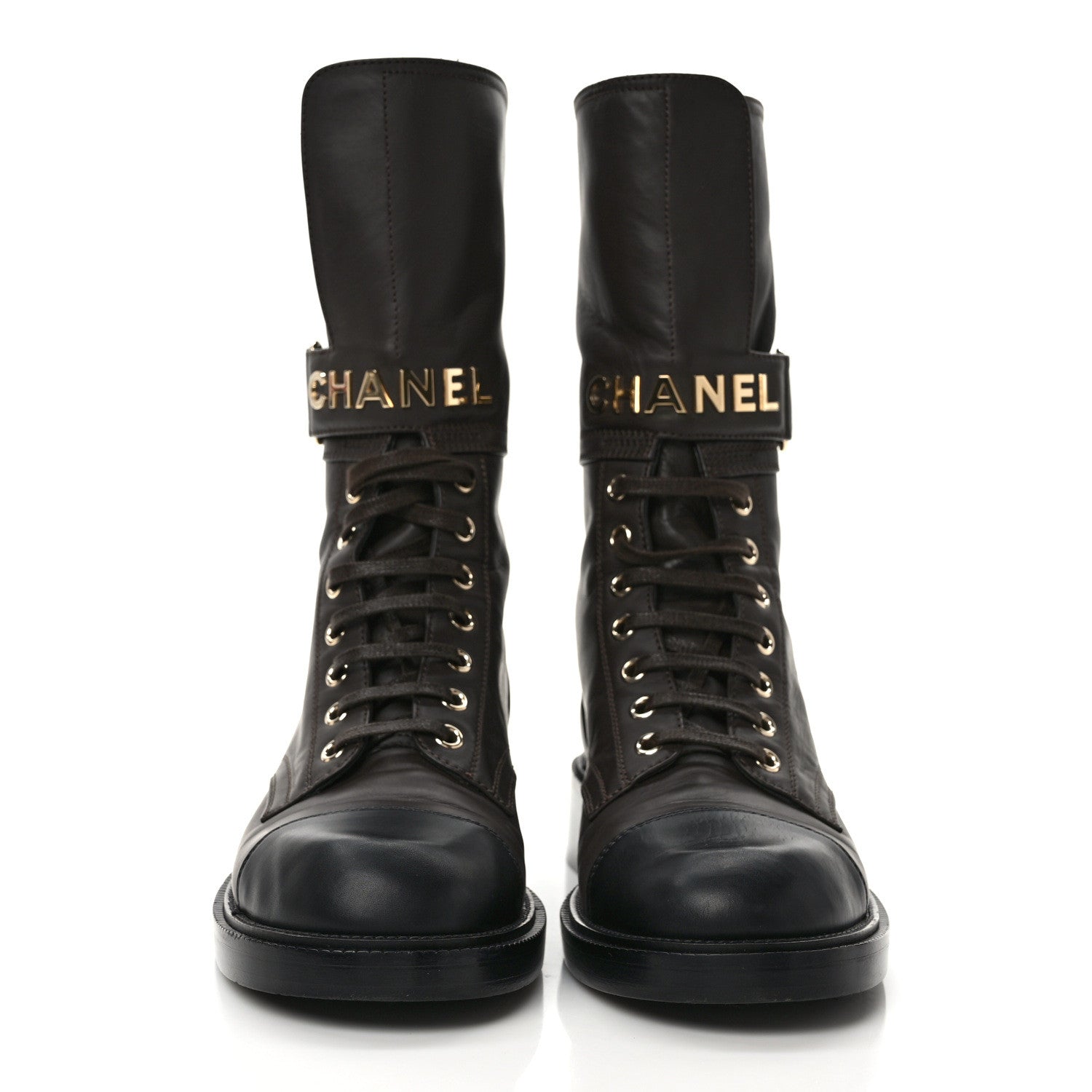 Chanel Shiny Calfskin Lace Up Combat Boots 39 Dark Brown Black 2 of 8