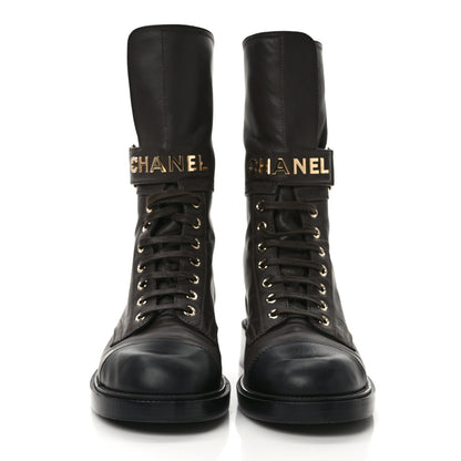 Chanel Shiny Calfskin Lace Up Combat Boots 39 Dark Brown Black 2 of 8