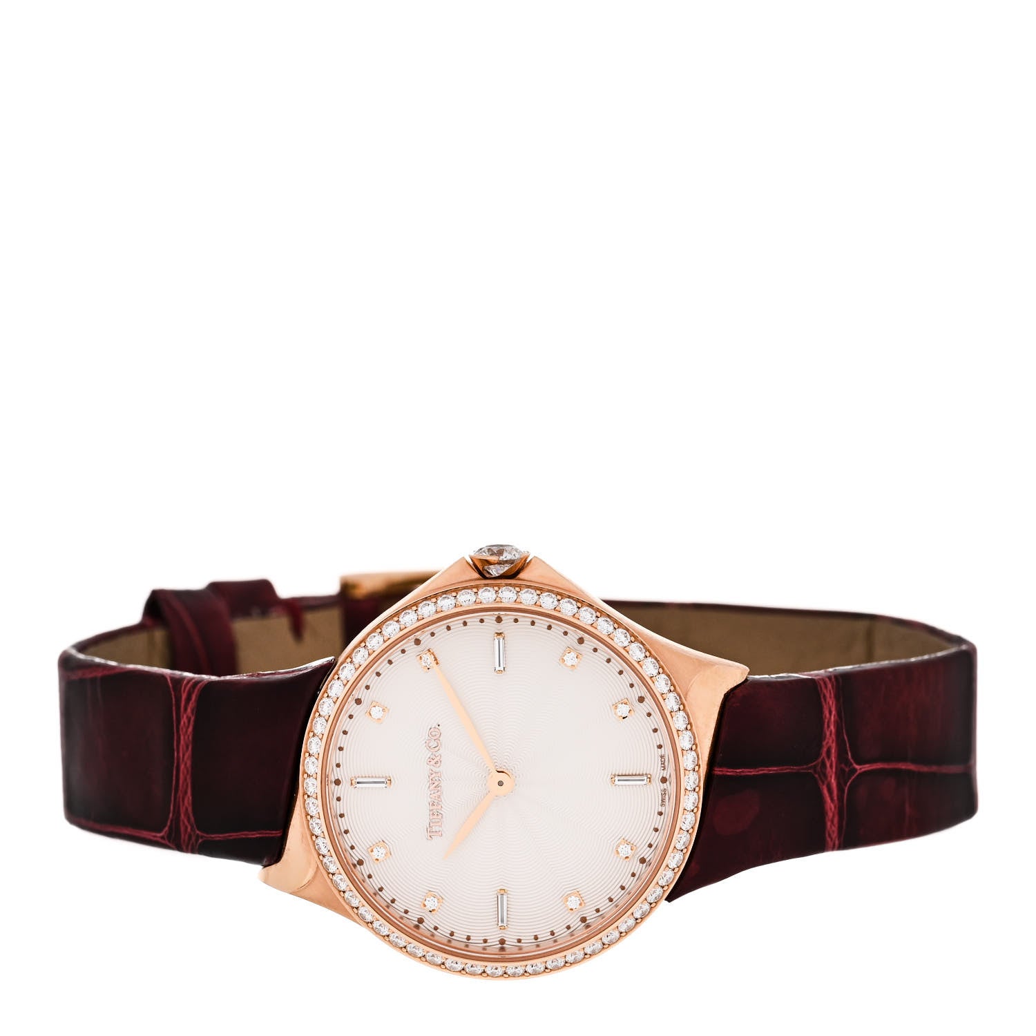 Tiffany 18K Rose Gold Alligator Diamond Bezel 28mm Metro Quartz Watch Brown 2 of 5