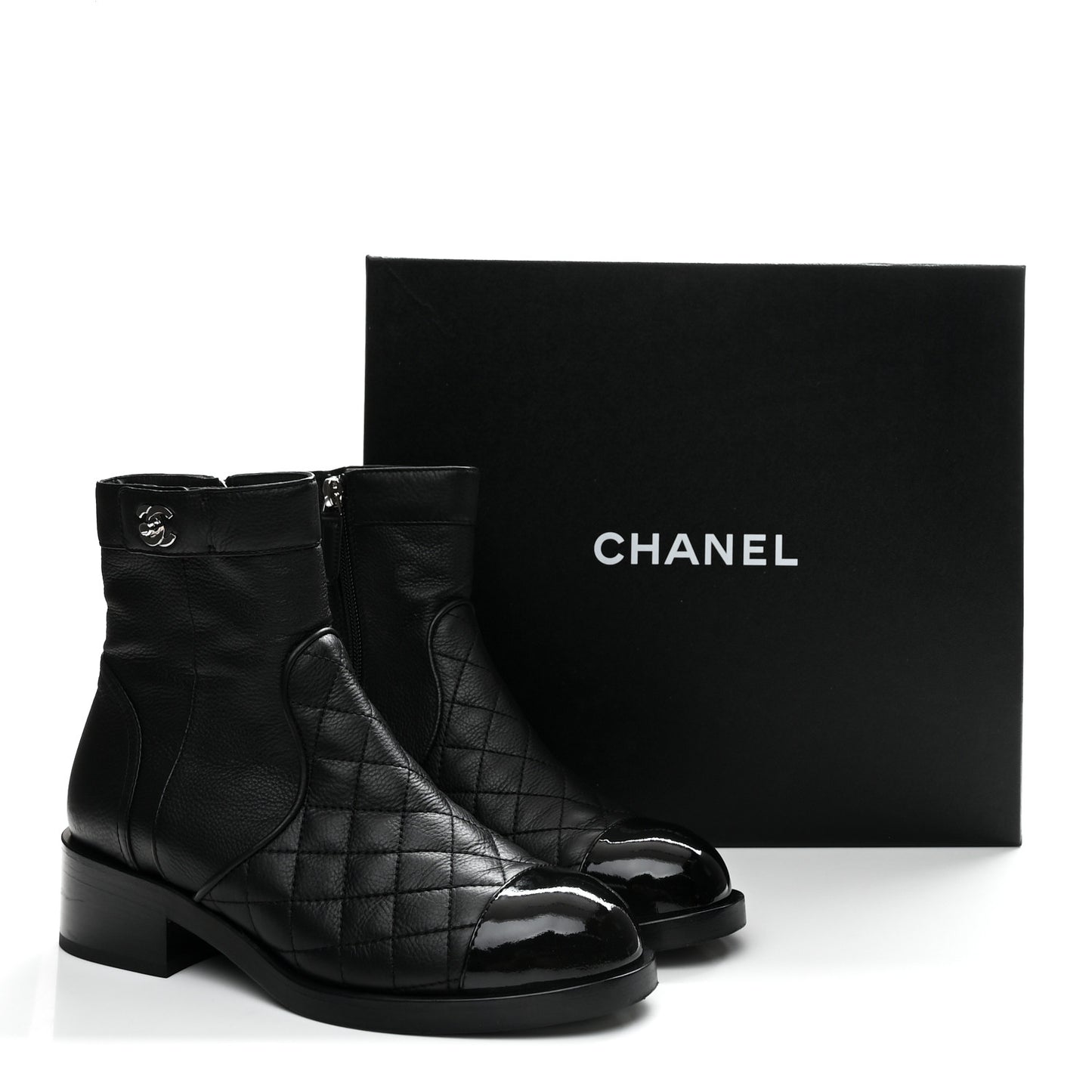 Calfskin Patent Quilted Cap Toe Short Boots 37.5 Black