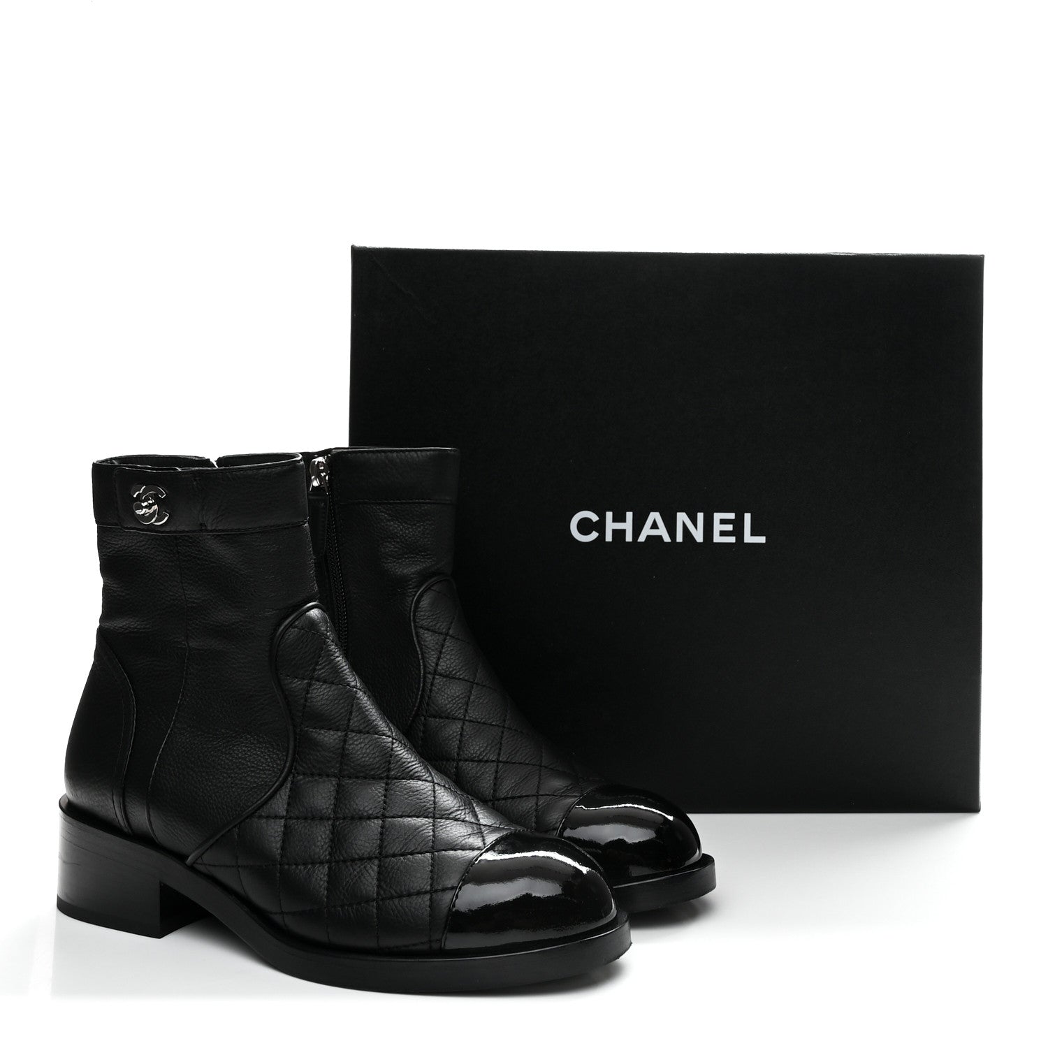 Chanel Calfskin Patent Quilted Cap Toe Short Boots 37.5 Black 20 of 20
