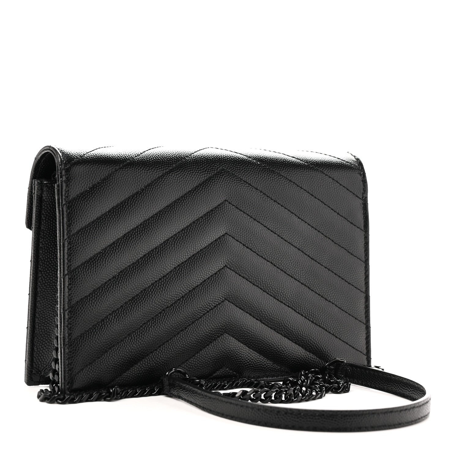 Saint Laurent Grain De Poudre Matelasse Chevron Monogram Monochrome Envelope Chain Wallet Black 3 of 11
