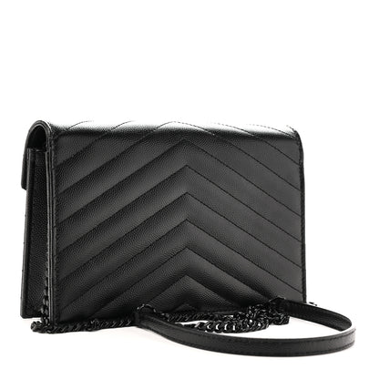 Saint Laurent Grain De Poudre Matelasse Chevron Monogram Monochrome Envelope Chain Wallet Black 3 of 11