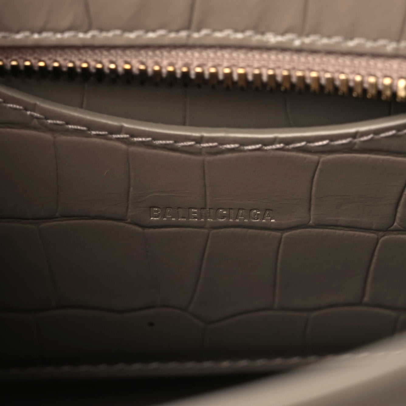 Shiny Supple Calfskin Crocodile Embossed Neo Classic Gold Hardware Mini City Mink Grey
