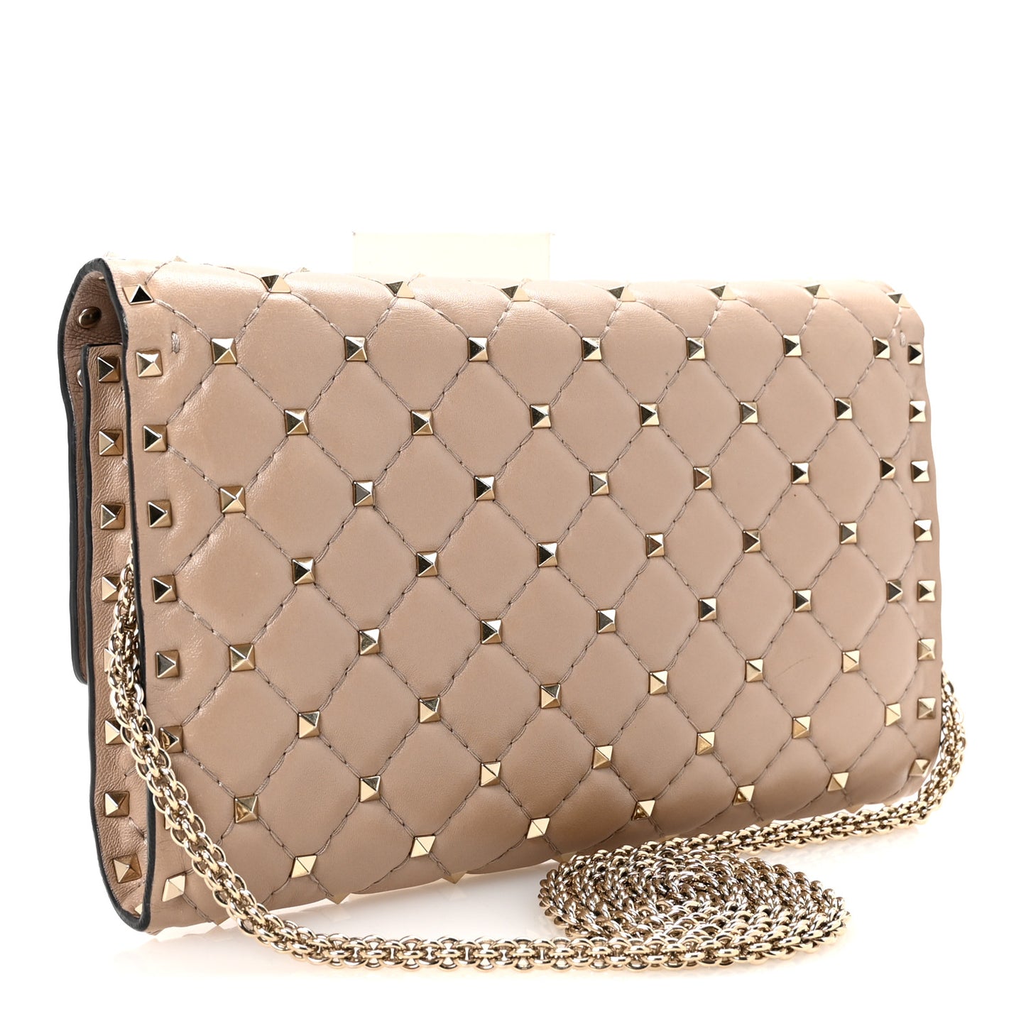 Lambskin Rockstud Spike Wallet on Chain Poudre