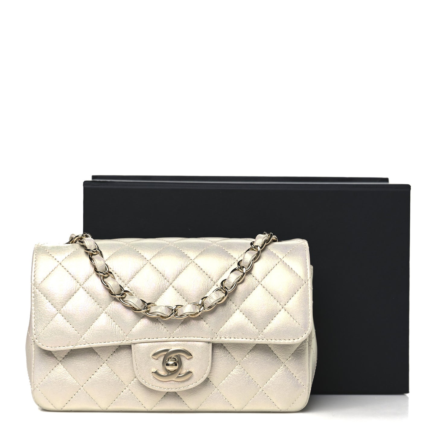 Iridescent Lambskin Quilted Mini Rectangular Flap Ivory