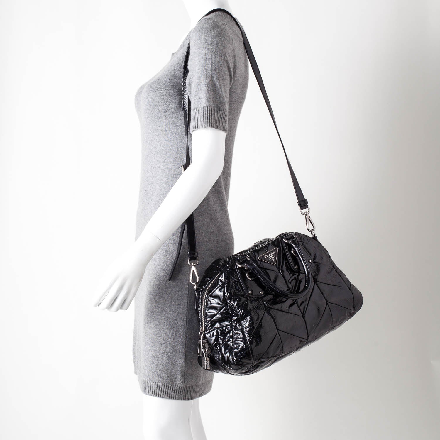 Prada Vernice Chevron Dome Satchel Black 2 of 11