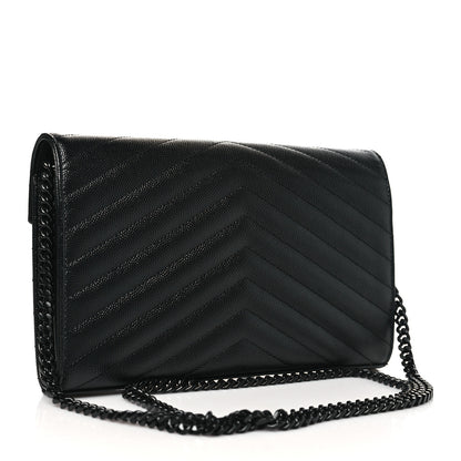 Saint Laurent Grain De Poudre Matelasse Chevron Monogram Monochrome Chain Wallet Black 3 of 10