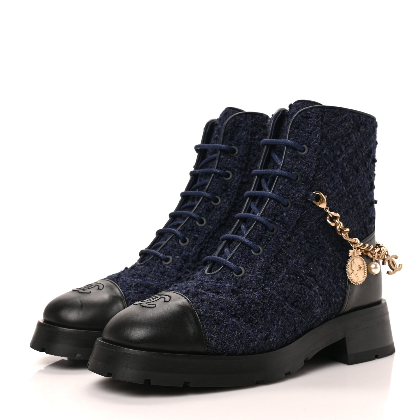 Tweed Calfskin Chain Lace Up Combat Boots 39 Navy Black