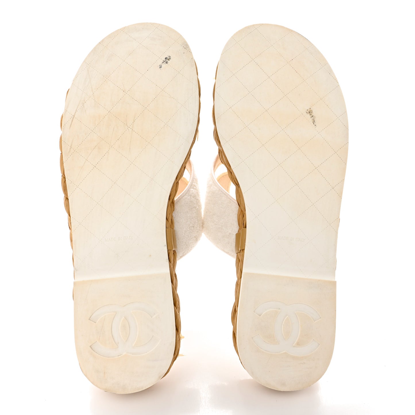 Terry Cloth Raffia CC Logo Thong Sandals 41 White