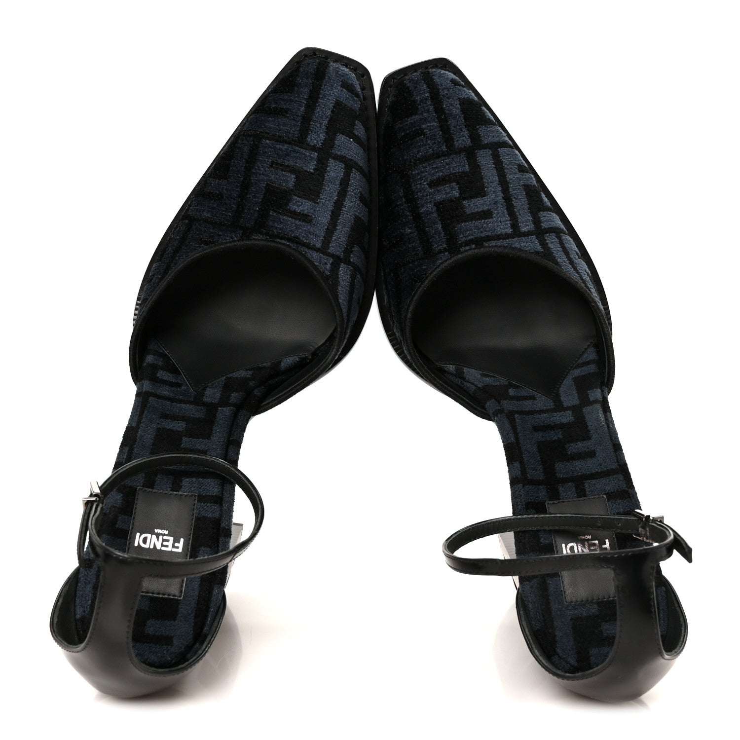 Fendi Chenille Jacquard FF Cut Baguette Ankle Strap 105mm Pumps 41 Black Blue 2 of 9