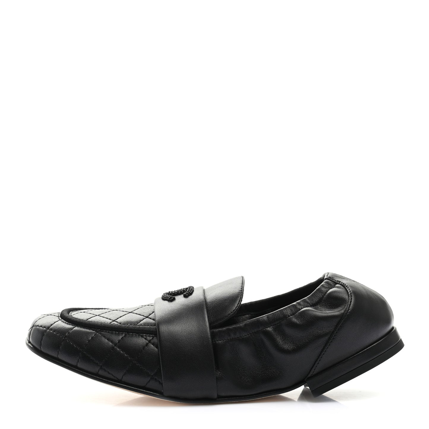 Laminated Lambskin Womens Quilted Elastic CC Moccasin Loafers 37 Black