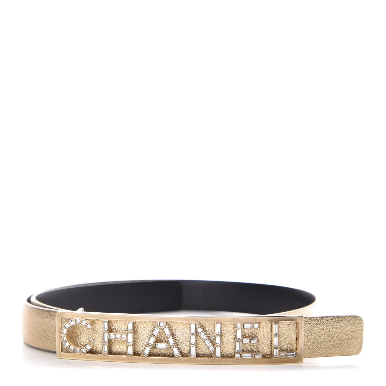 Chanel Metallic Lambskin Crystal Baguette Logo Belt 65 26 Gold 1 of 9