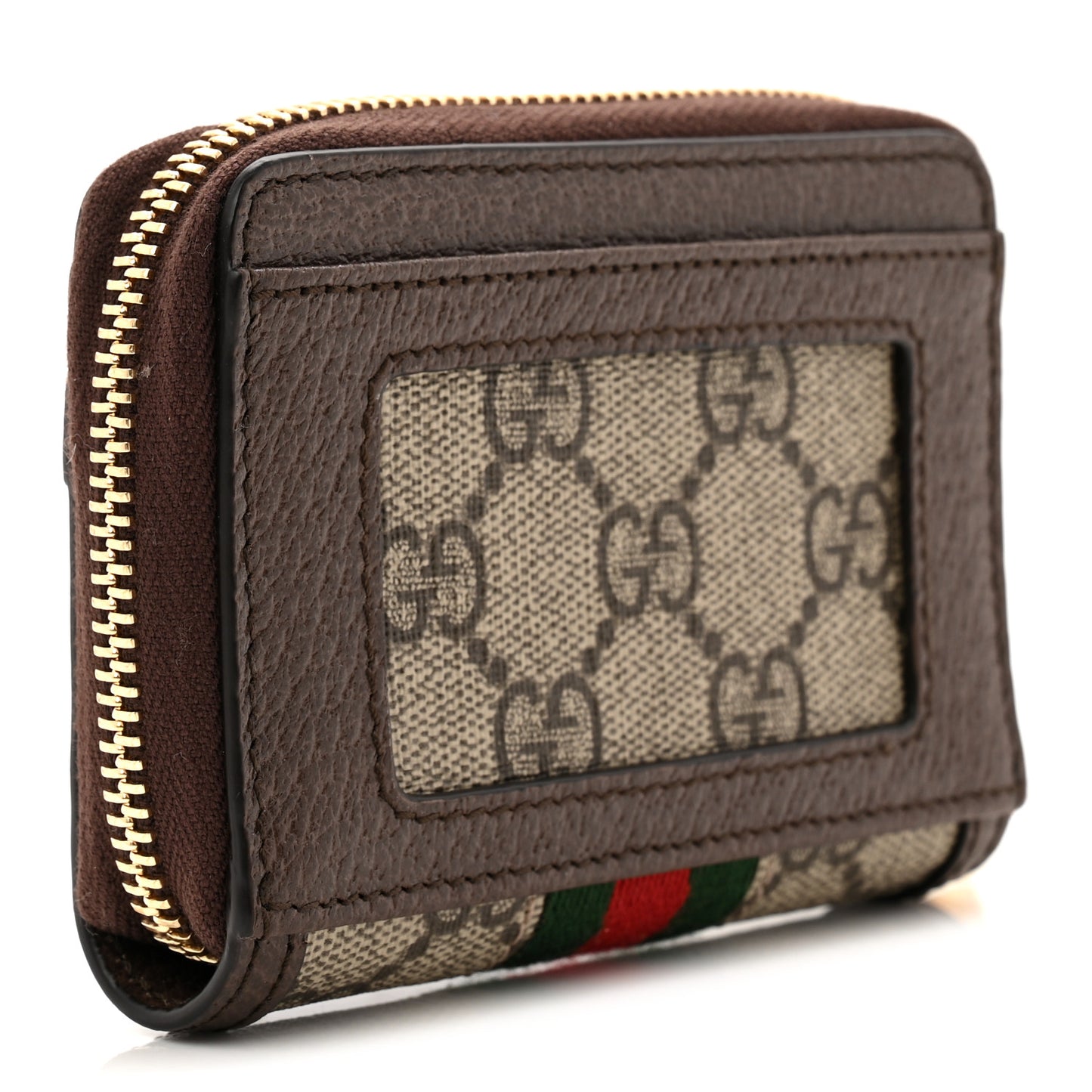 GG Supreme Monogram Textured Dollar Calfskin Web Ophidia Zip Around Card Case Wallet Beige Ebony New Acero