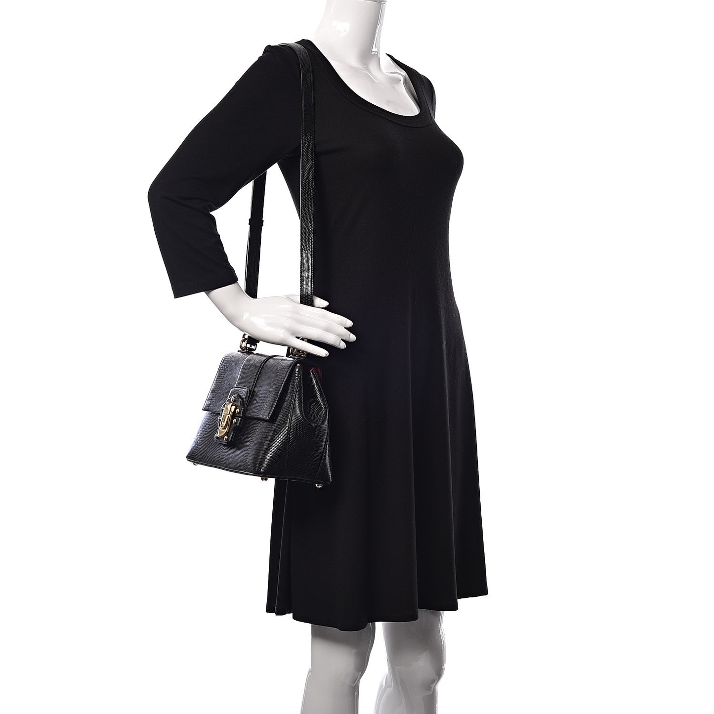 Iguana Calfskin Embossed Lucia Top Handle Bag Black