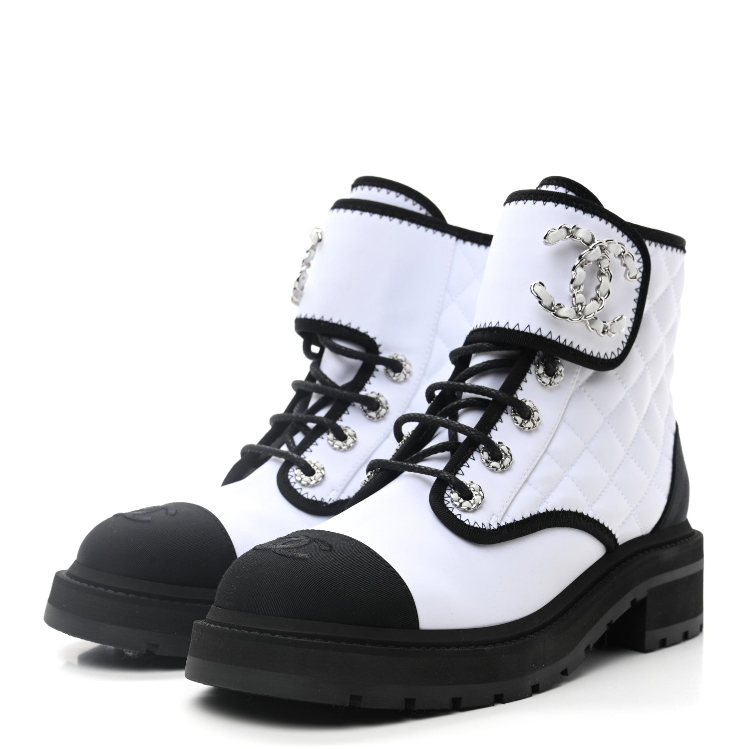 Chanel Fabric Grosgrain Quilted Cap Toe Lace Up Combat Boots 38 White Black 3 of 9