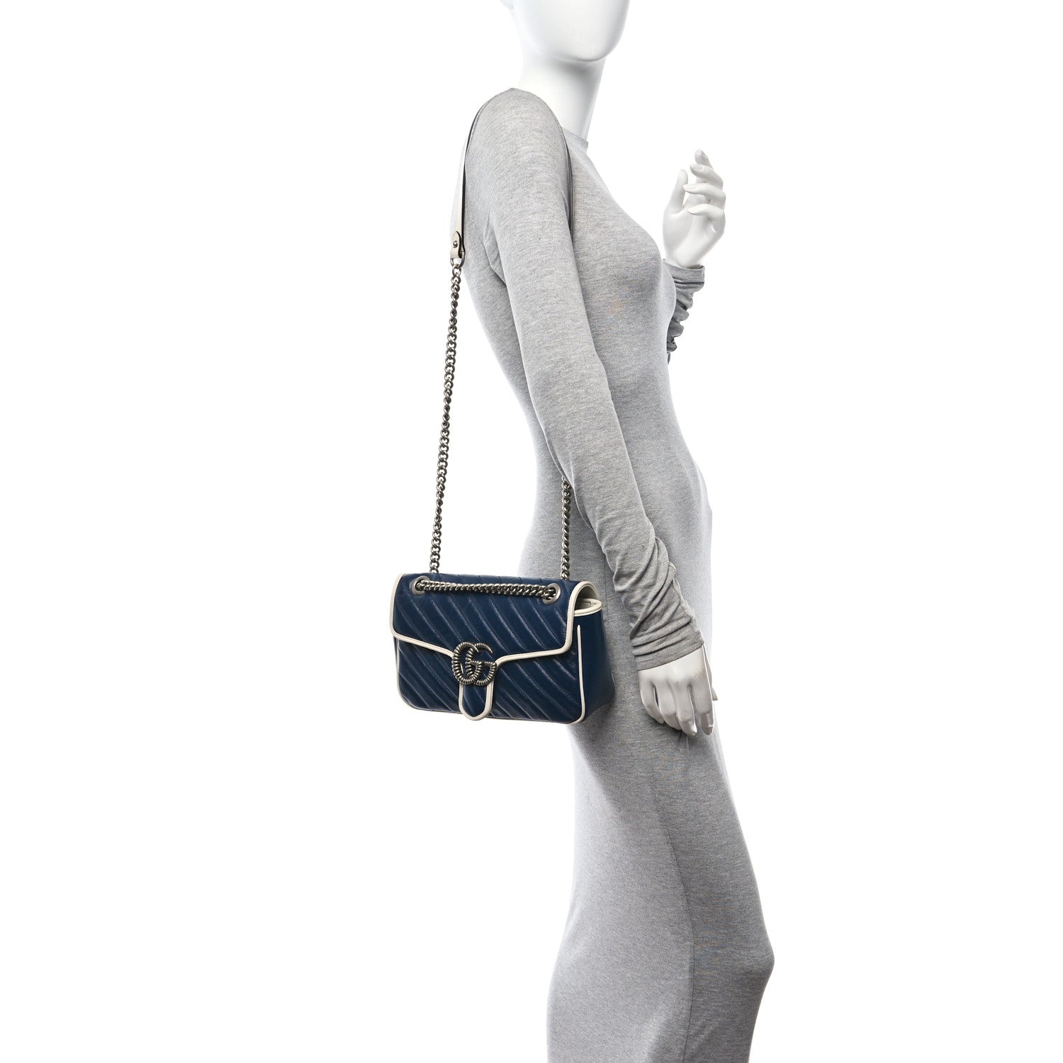 Gucci Vintage Effect Calfskin Matelasse Diagonal Small Torchon GG Marmont Shoulder Bag Blue Agata Mystic White 2 of 11