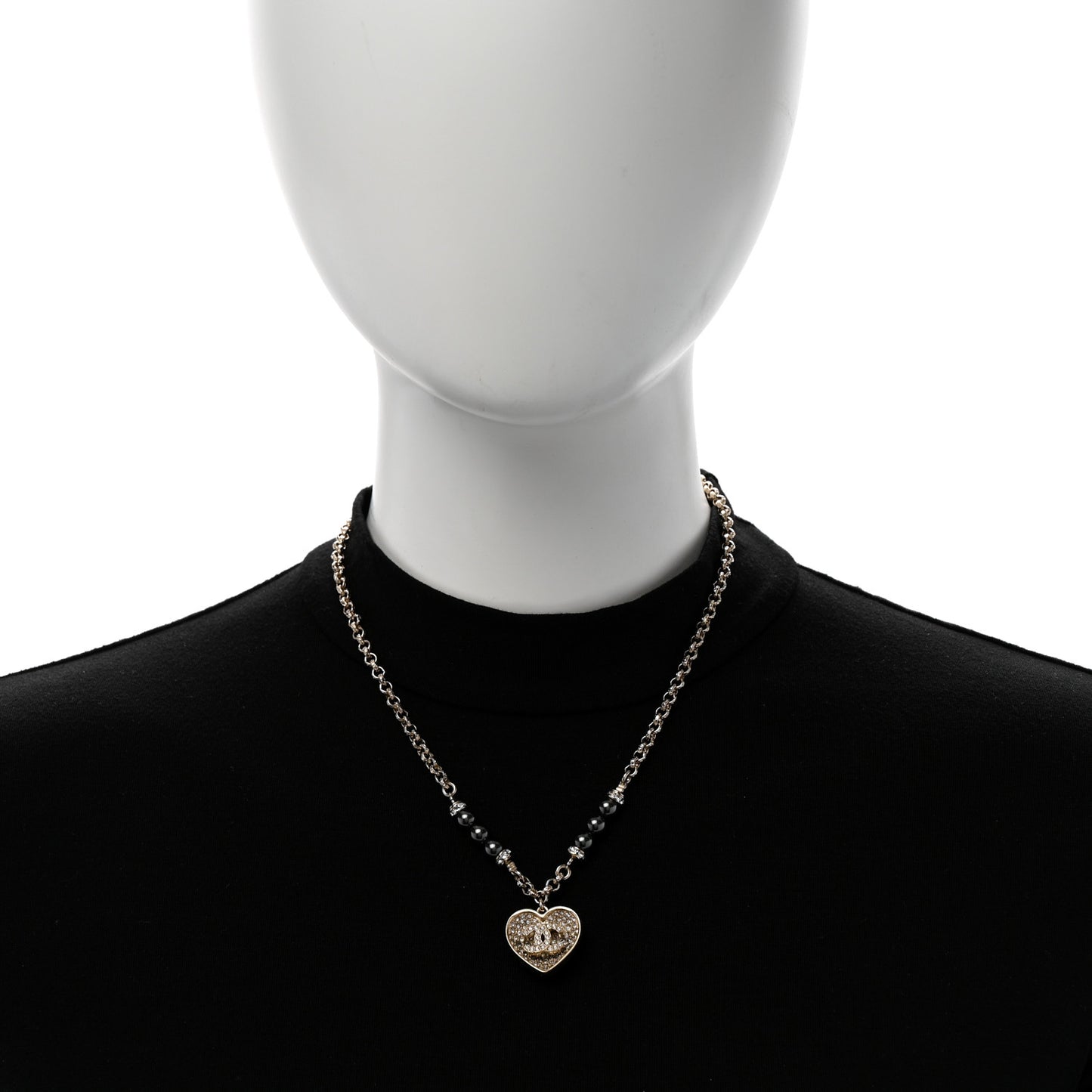 Pearl Resin Crystal Heart CC Pendant Chain Necklace Ruthenium Light Gold