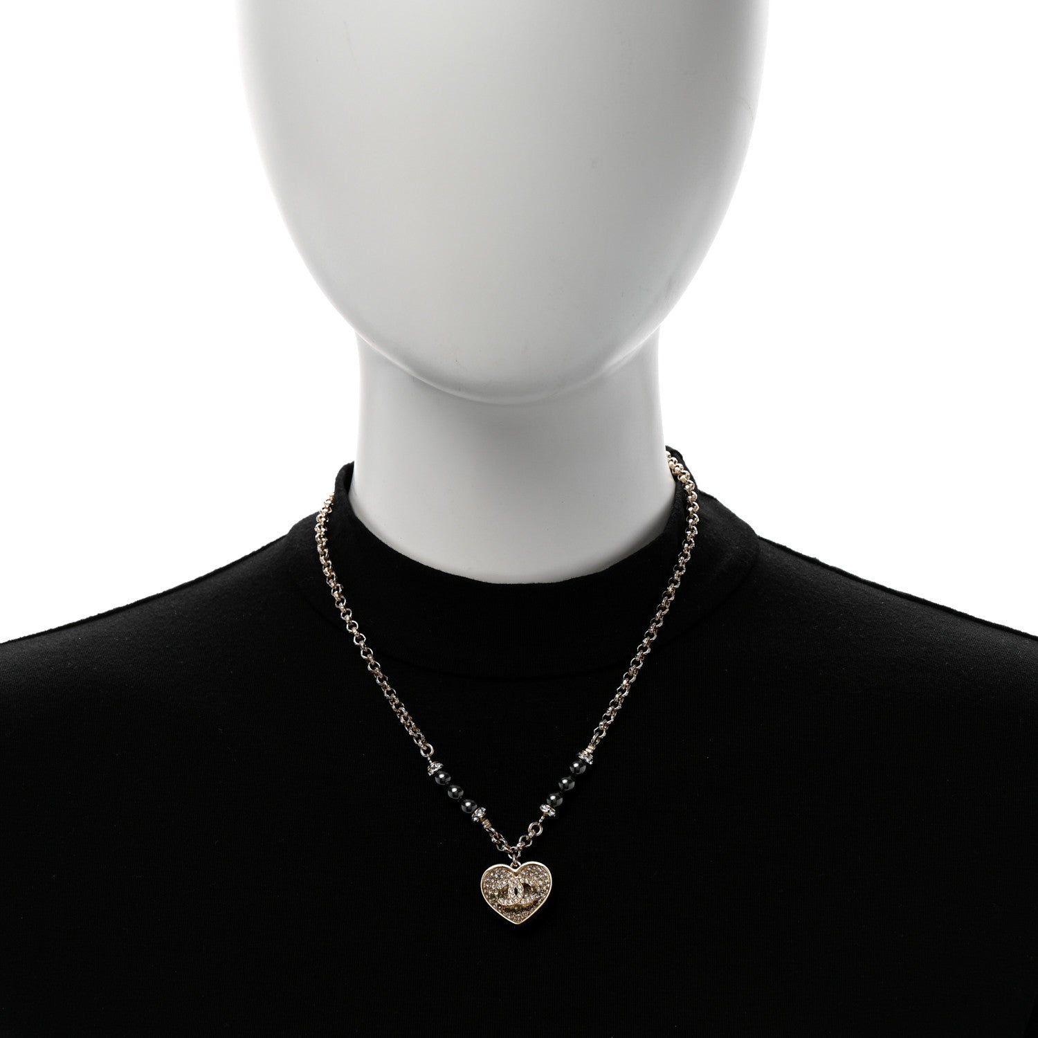 Chanel Pearl Resin Crystal Heart CC Pendant Chain Necklace Ruthenium Light Gold 2 of 5