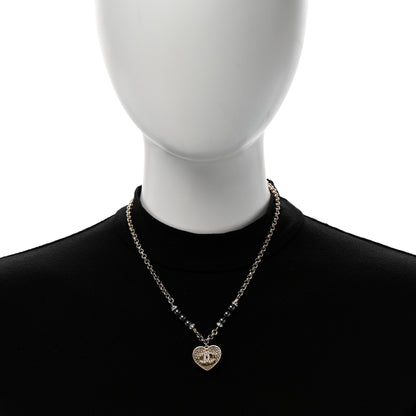 Chanel Pearl Resin Crystal Heart CC Pendant Chain Necklace Ruthenium Light Gold 2 of 5
