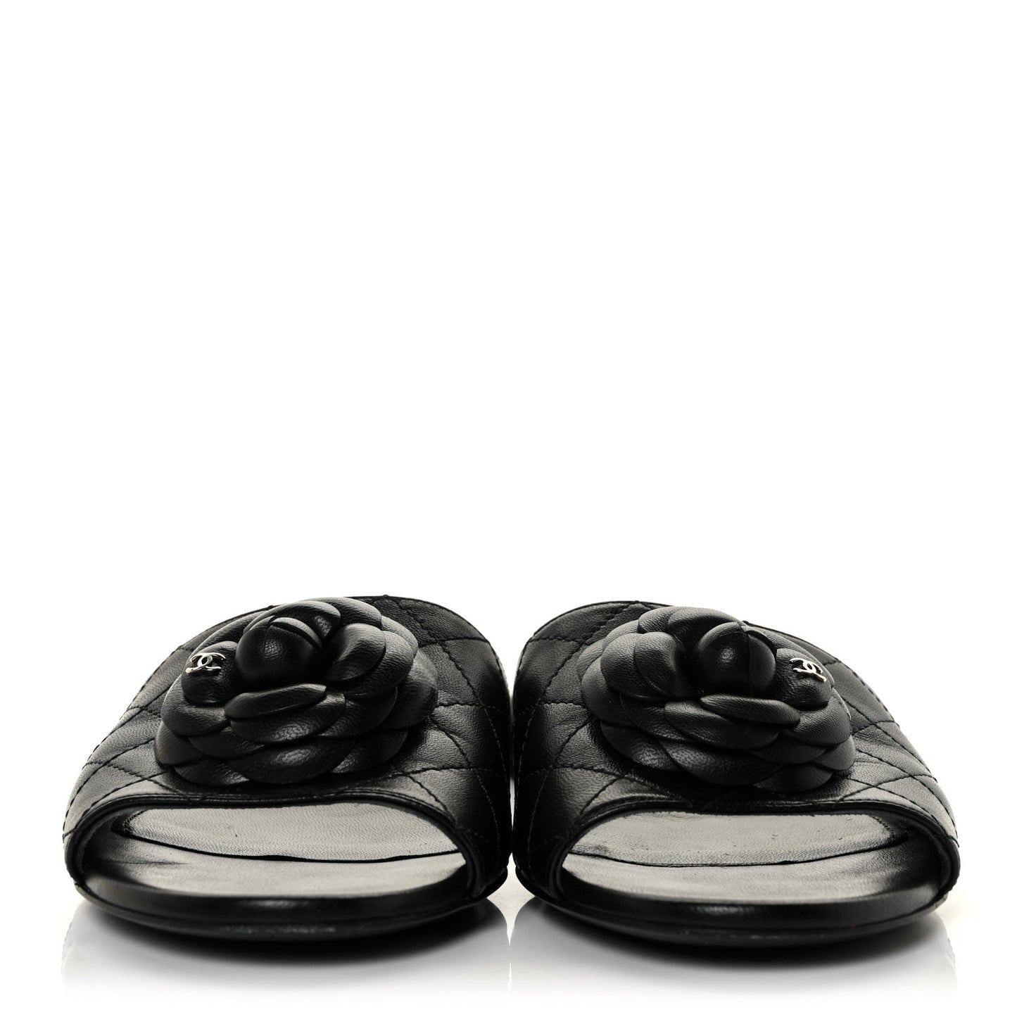 Lambskin Quilted Camellia CC Slides 39 Black