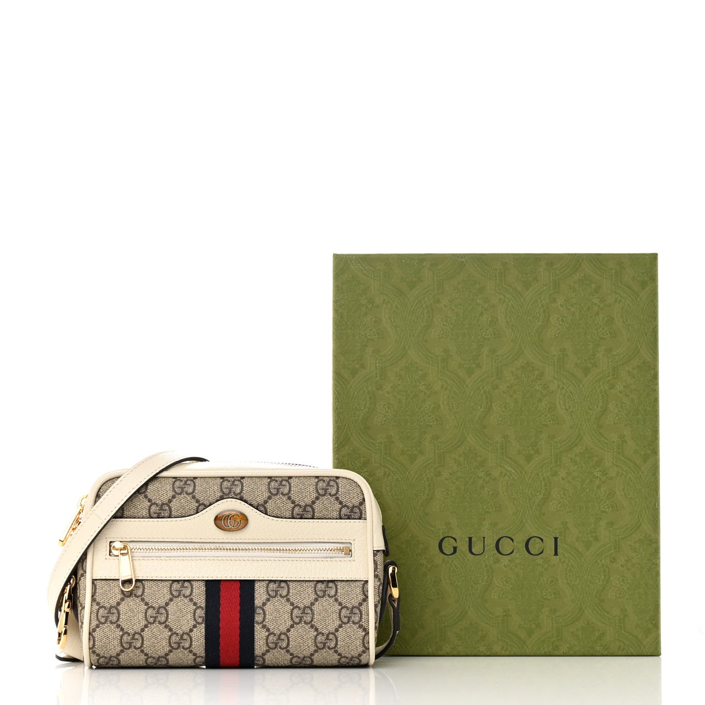 GG Supreme Monogram Textured Calfskin Web Mini Ophidia Shoulder Bag Beige Ebony Mystic White