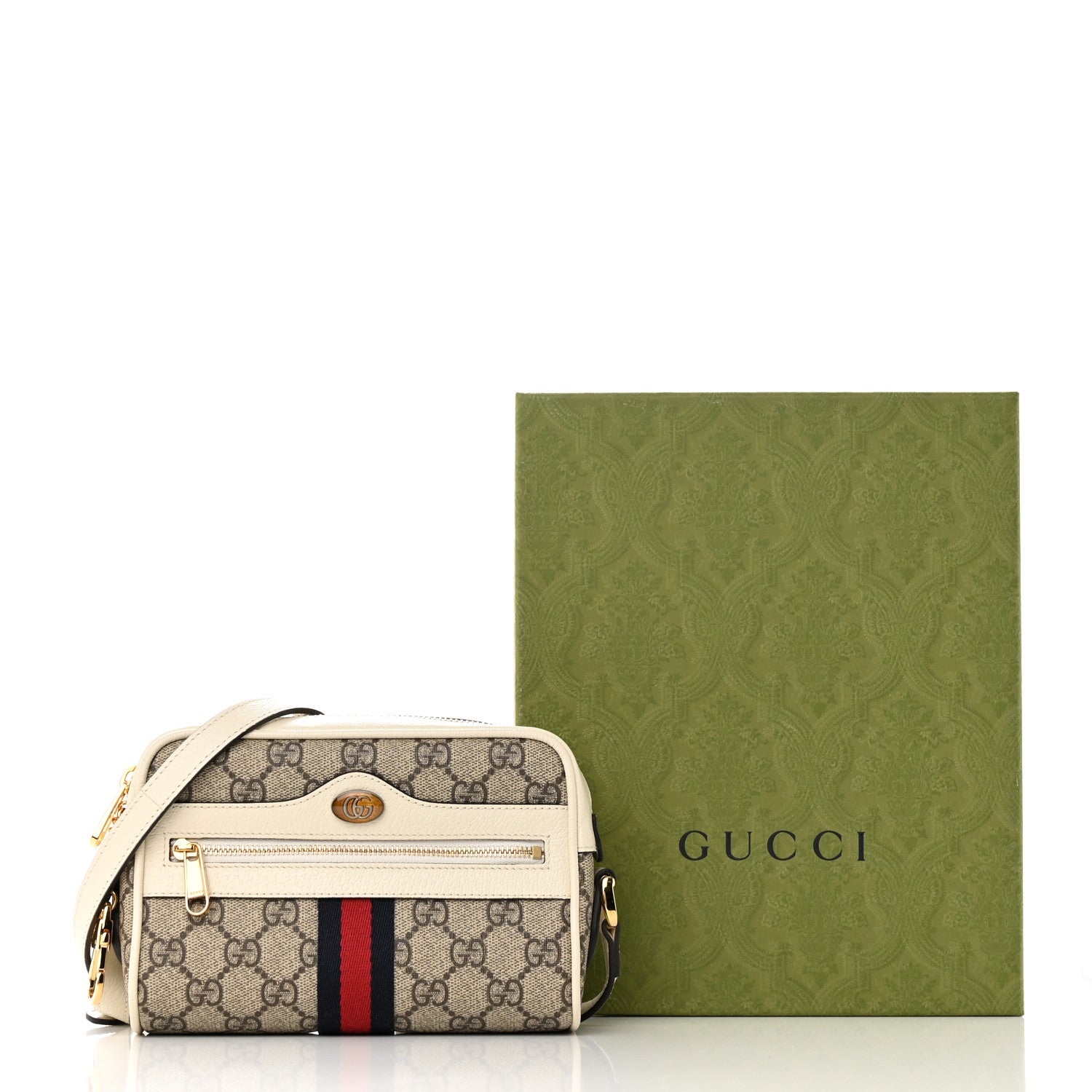 Gucci GG Supreme Monogram Textured Calfskin Web Mini Ophidia Shoulder Bag Beige Ebony Mystic White 12 of 12