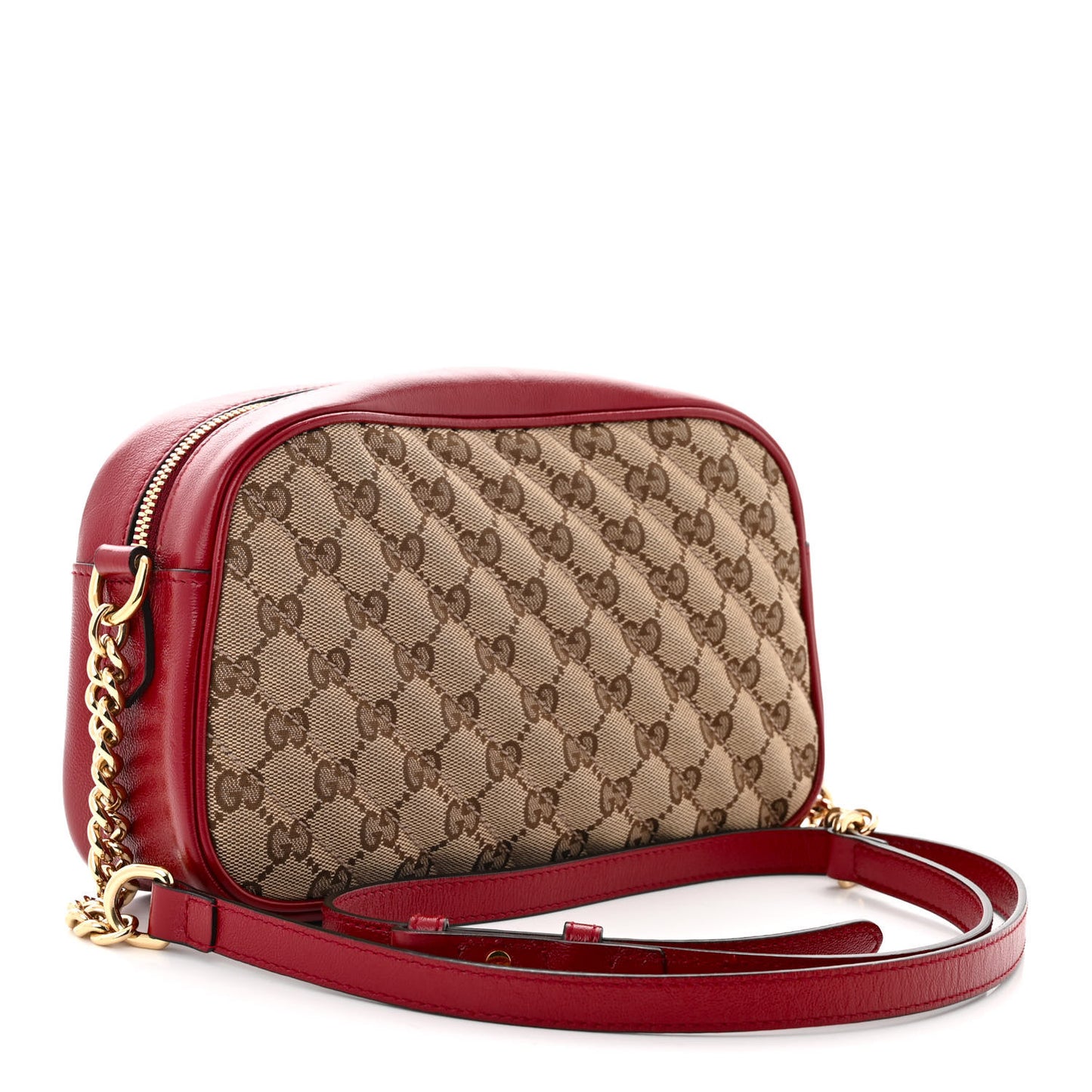 Monogram Azalea Calfskin Matelasse Diagonal Small GG Marmont Chain Shoulder Bag Beige Ebony New Cherry Red