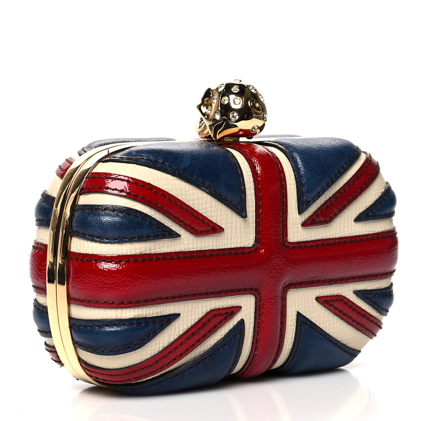 Patent Calfskin Britannia Skull Box Clutch Red Blue