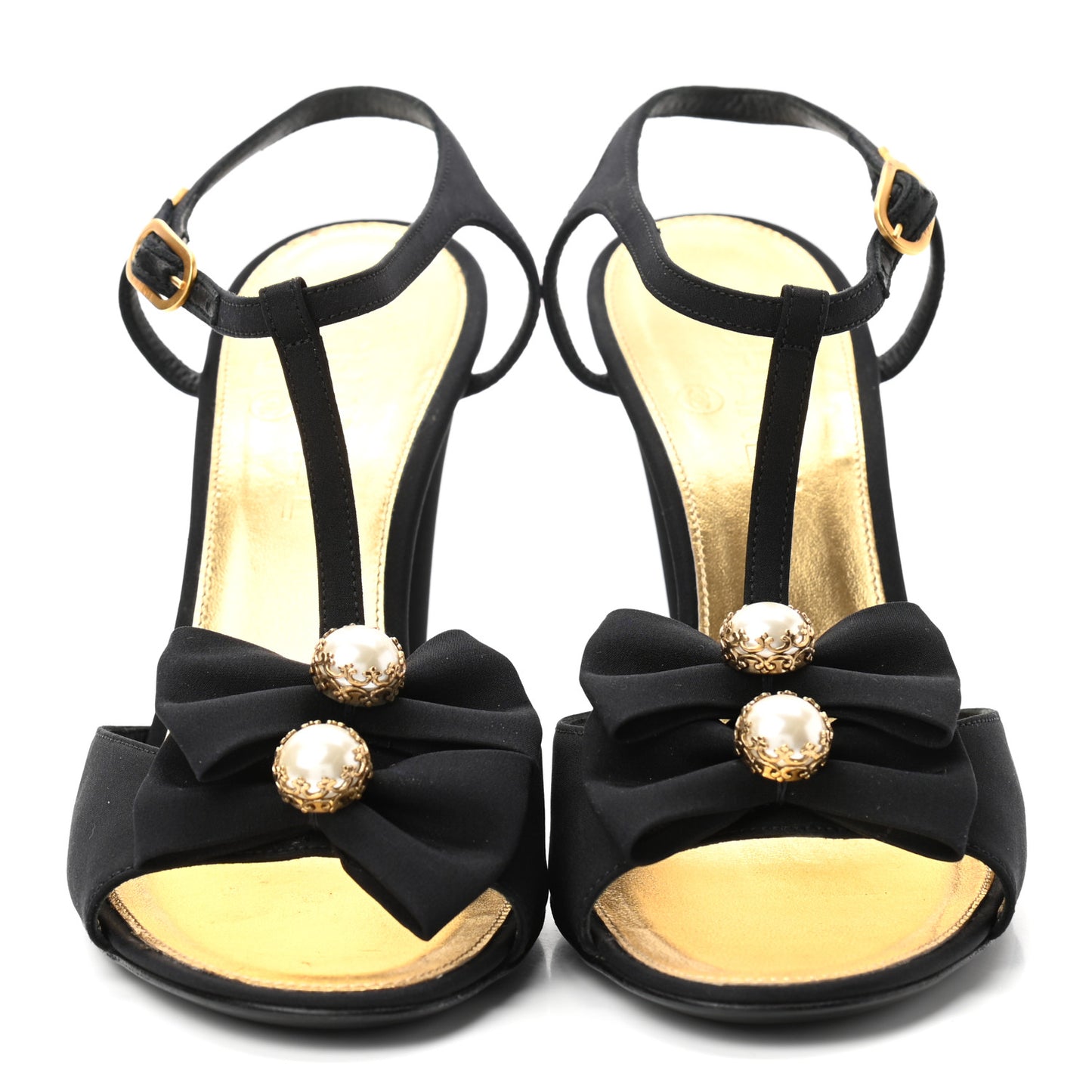 Satin Canvas Pearl Bow Sandals 38 Black