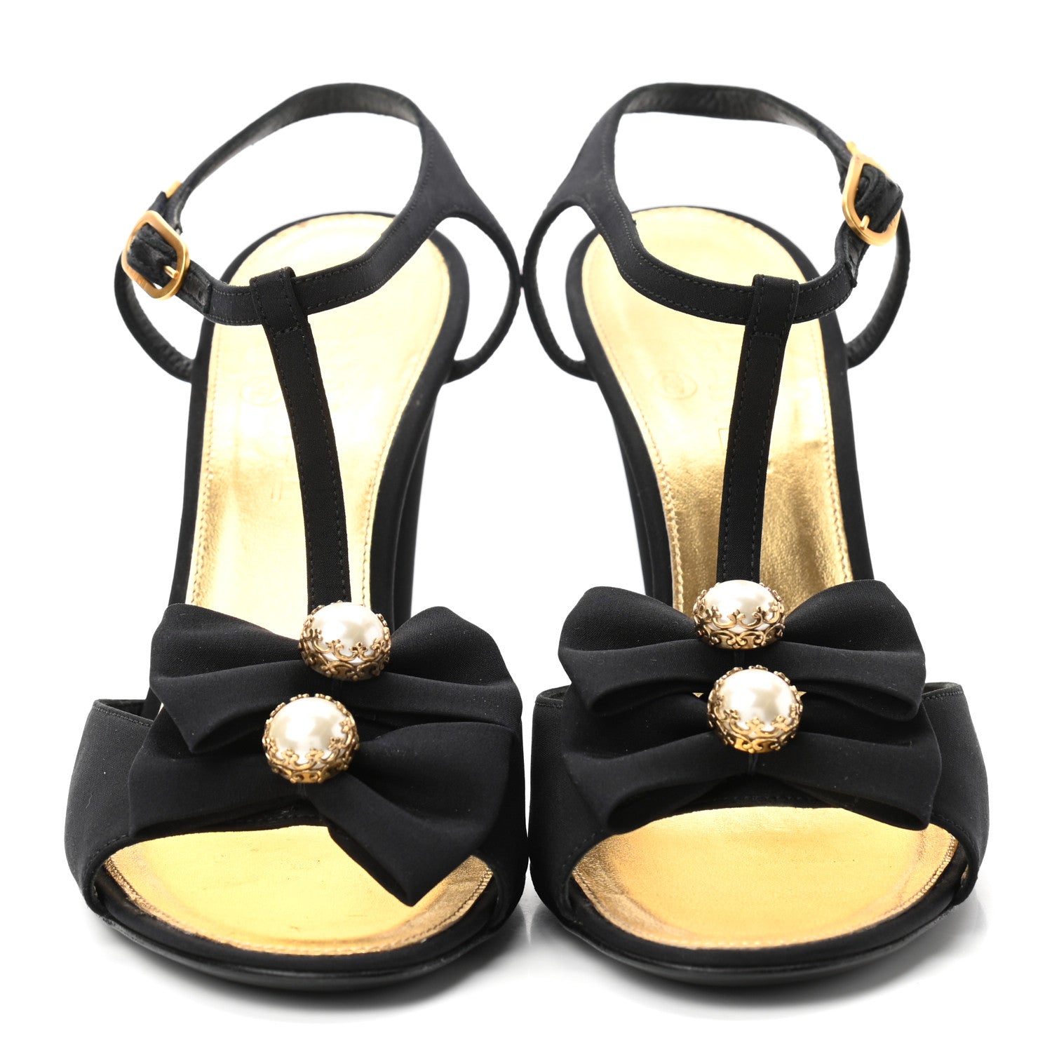 Chanel Satin Canvas Pearl Bow Sandals 38 Black 2 of 14