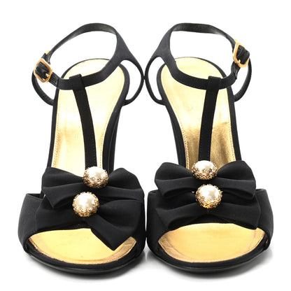 Chanel Satin Canvas Pearl Bow Sandals 38 Black 2 of 14