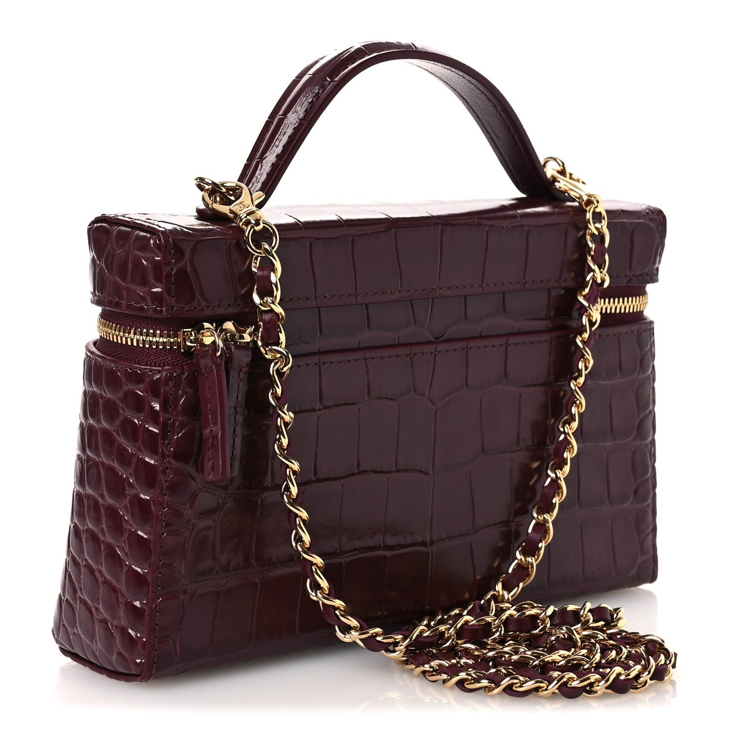 Calfskin Crocodile Embossed Crococo Top Handle Slim Vanity Case With Chain Dark Burgundy