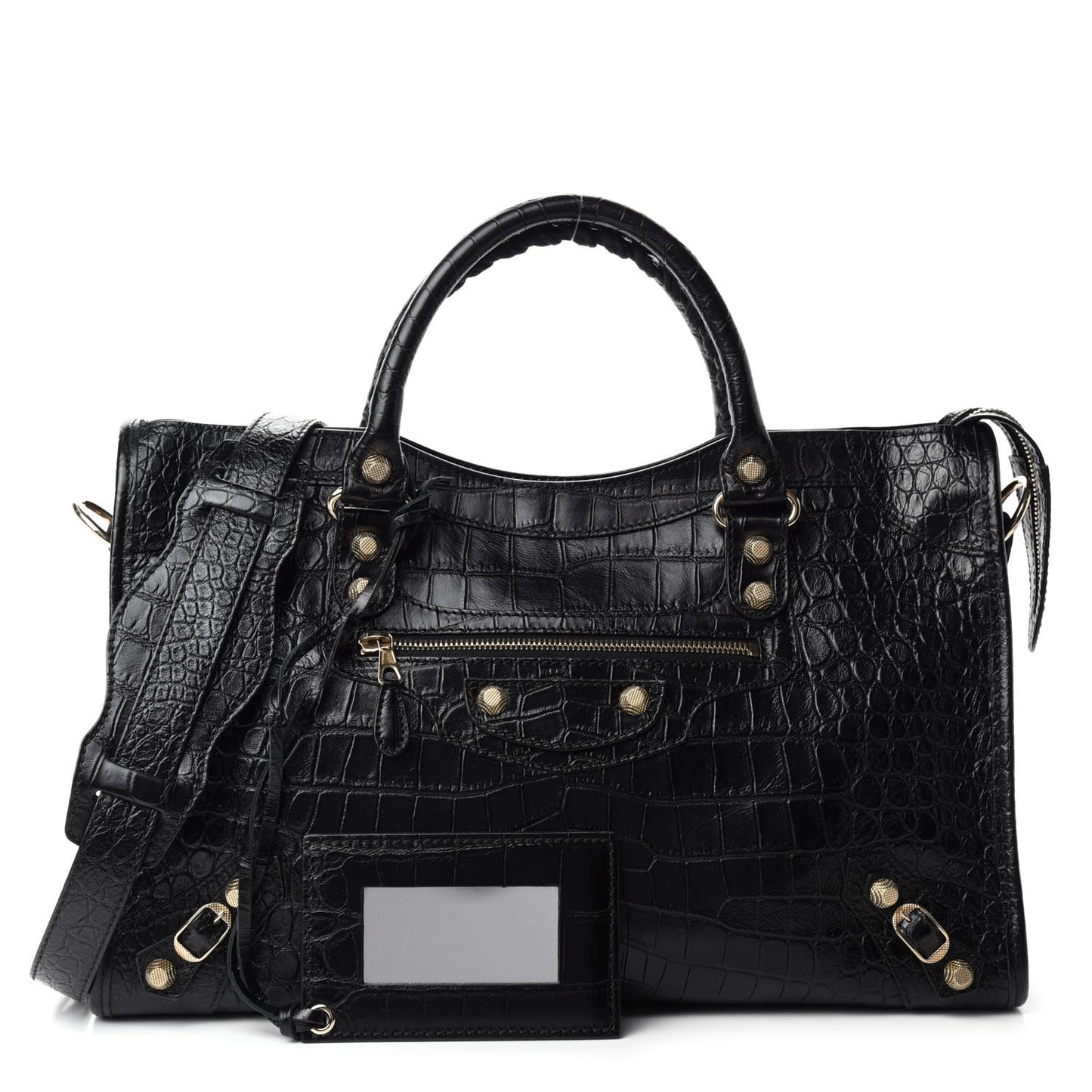 Calfskin Crocodile Embossed Giant 12 Gold Hardware City Black