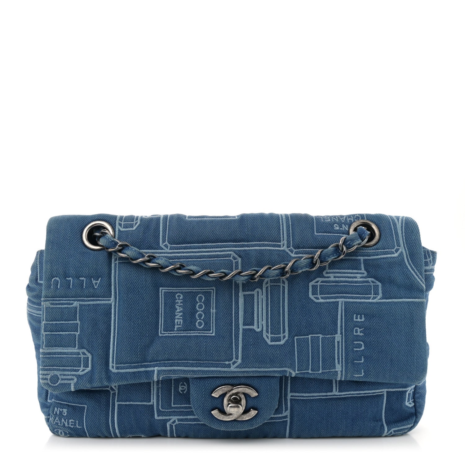 Chanel Denim Embroidered Medium Perfume Bottle Flap Light Blue 1 of 11